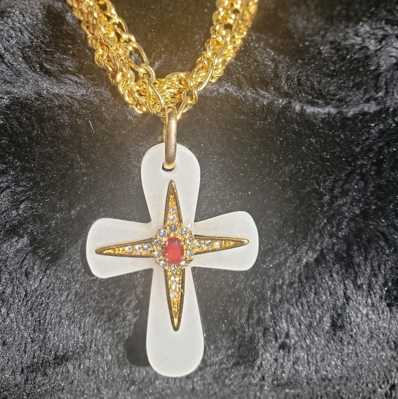 JBK Designer Signed Stone Cross Pendant on Long Ch - Picture 3 of 9